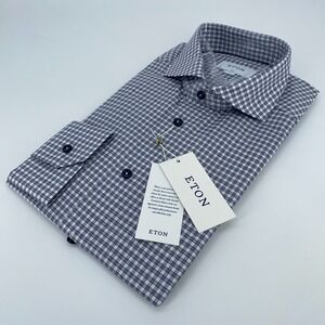 Eton Dress Shirt Mens XL 17 - 43 Blue White Plaid Signature Twill Slim Button Up